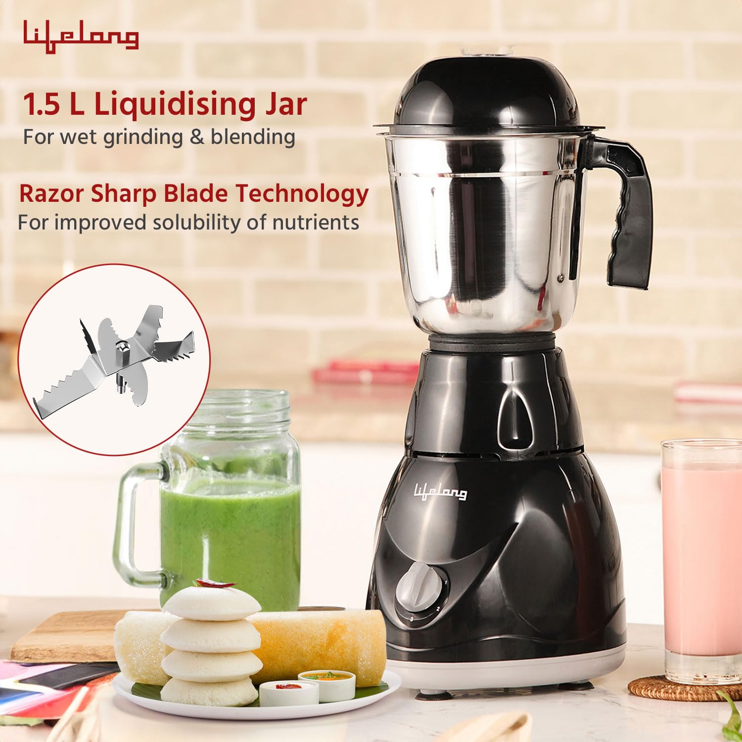 Lifelong LLMG23 Power Pro 500-Watt Mixer Grinder with 3 Jars (Liquidizing, Wet Grinding and Chutney Jar), Stainless Steel blades, 1 Year Warranty  - View 8