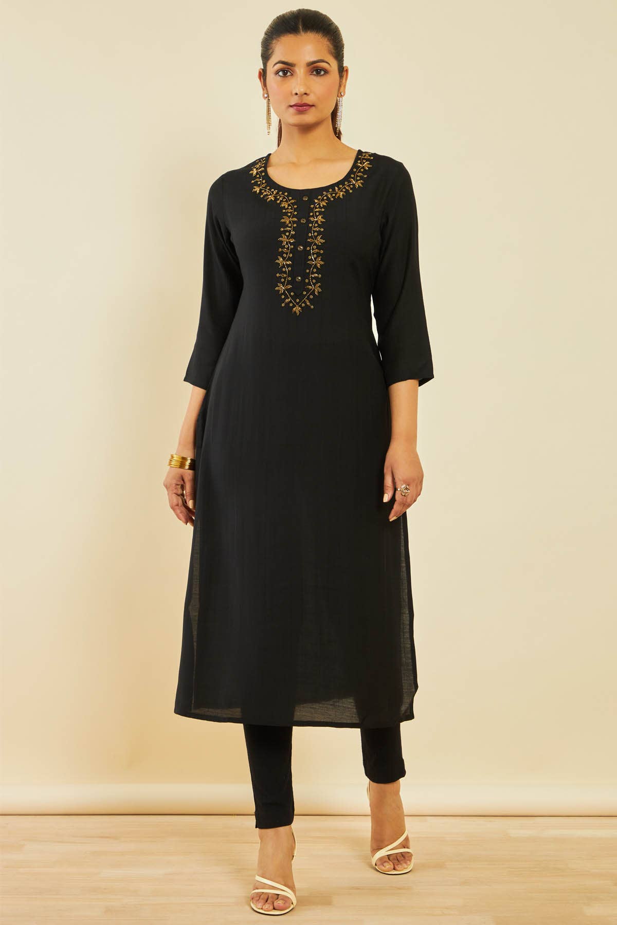 Black Viscose Blend Straight Kurta with Floral Cutdana Work - View 3