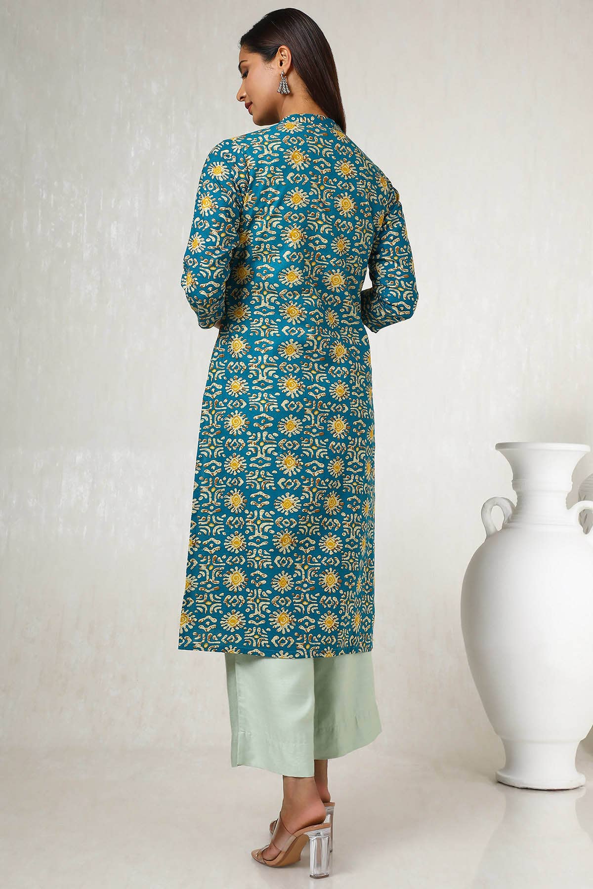 Teal Cotton Blend Abstract Print Kurta - View 5
