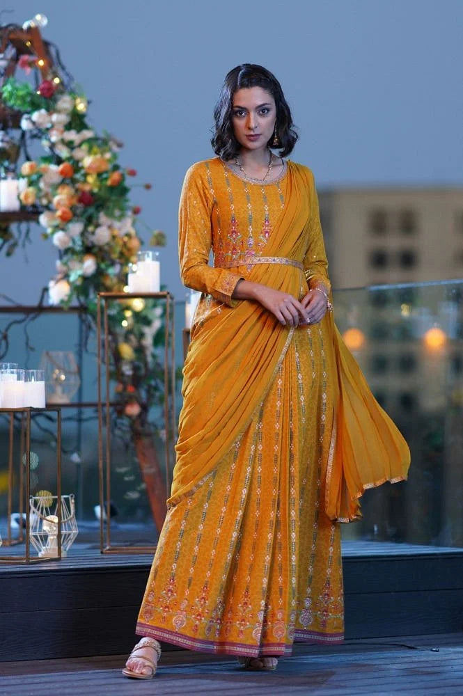 Yellow Glitter Printed Festive Saree Dress With Belt - View 5