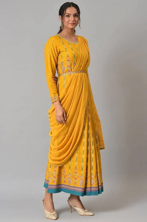 Yellow Glitter Printed Festive Saree Dress With Belt - View 4