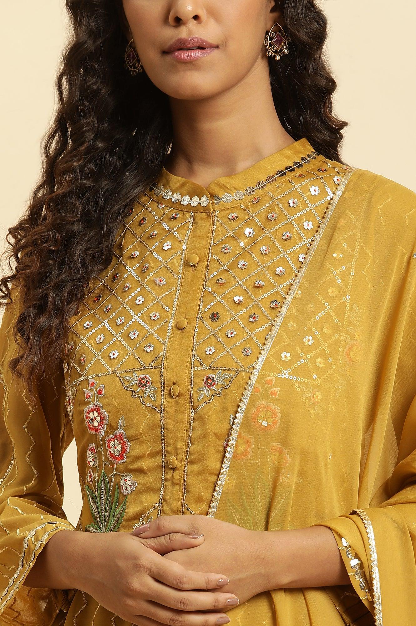 Yellow Embroidered Kurta, Pants And Dupatta Set - View 5