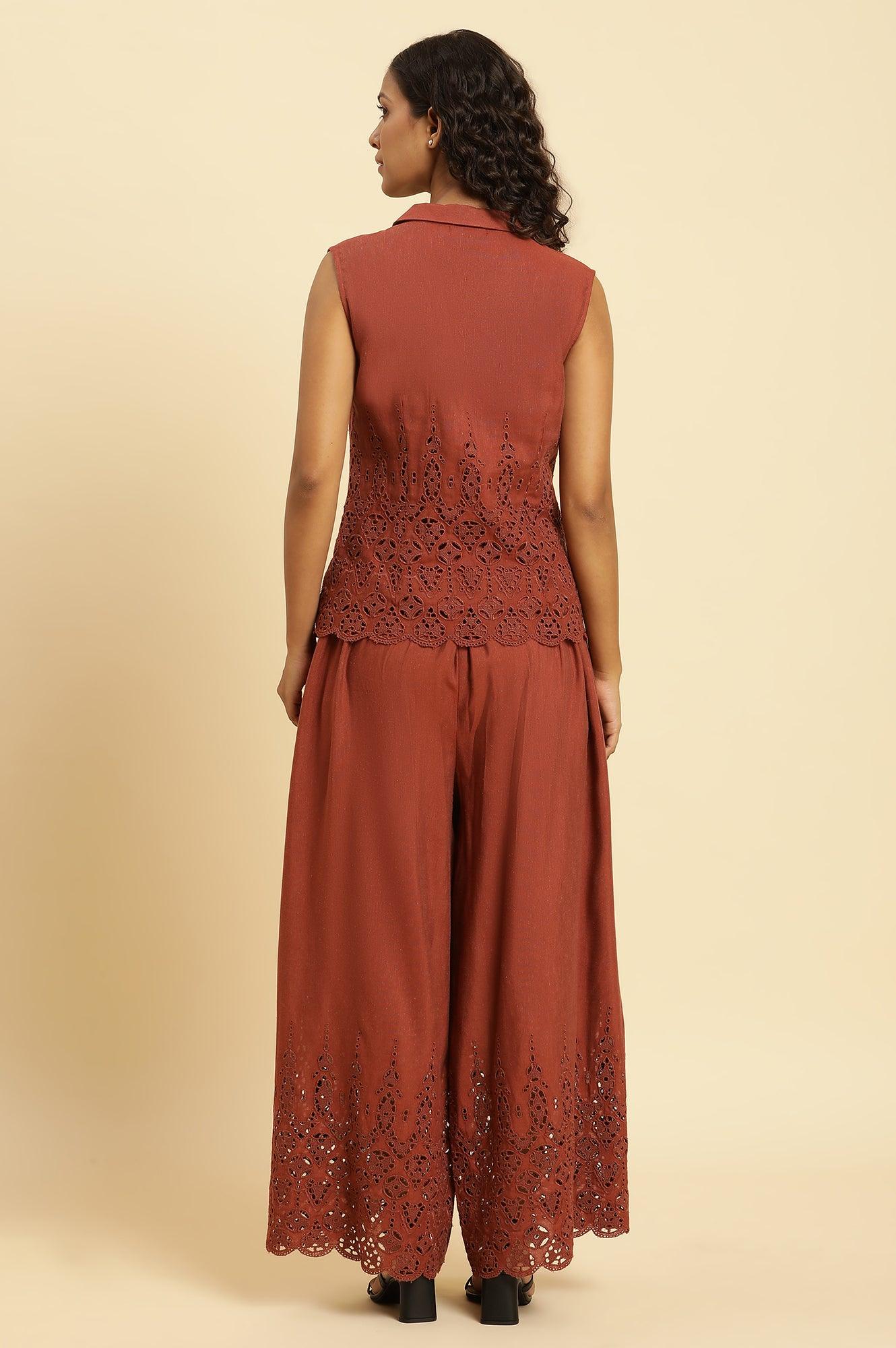 Dark Red Cotton Schiffli Top And Pants Co-Ord Set - View 5