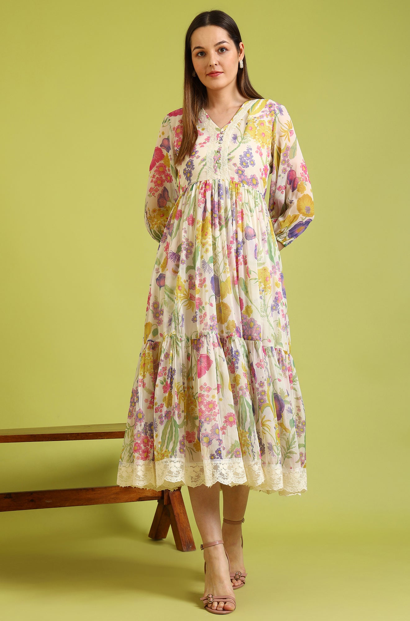 Floral Printed Flared Polyester Dress - View 10