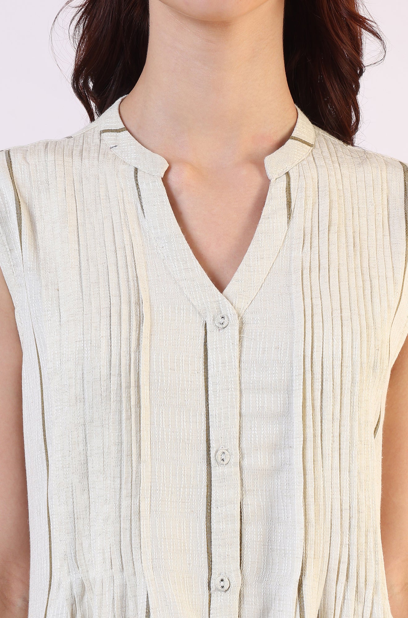 Off -White Striped Cotton Blend Flared Western Dress - View 9