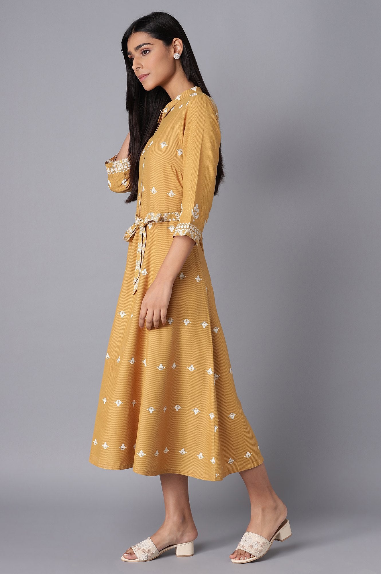 Yellow Flared Panelled Dress - View 6