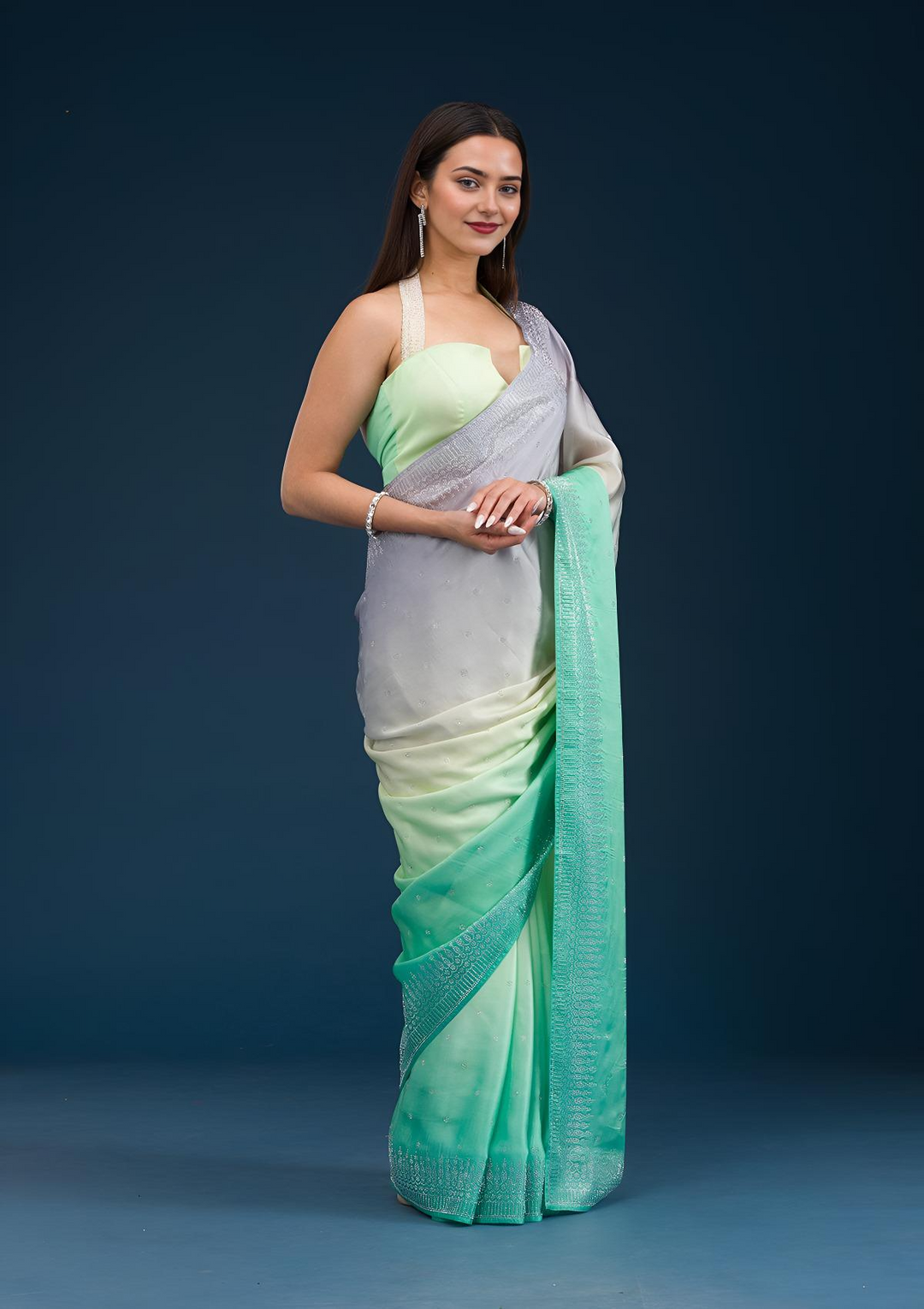 Grey Stonework Satin Saree