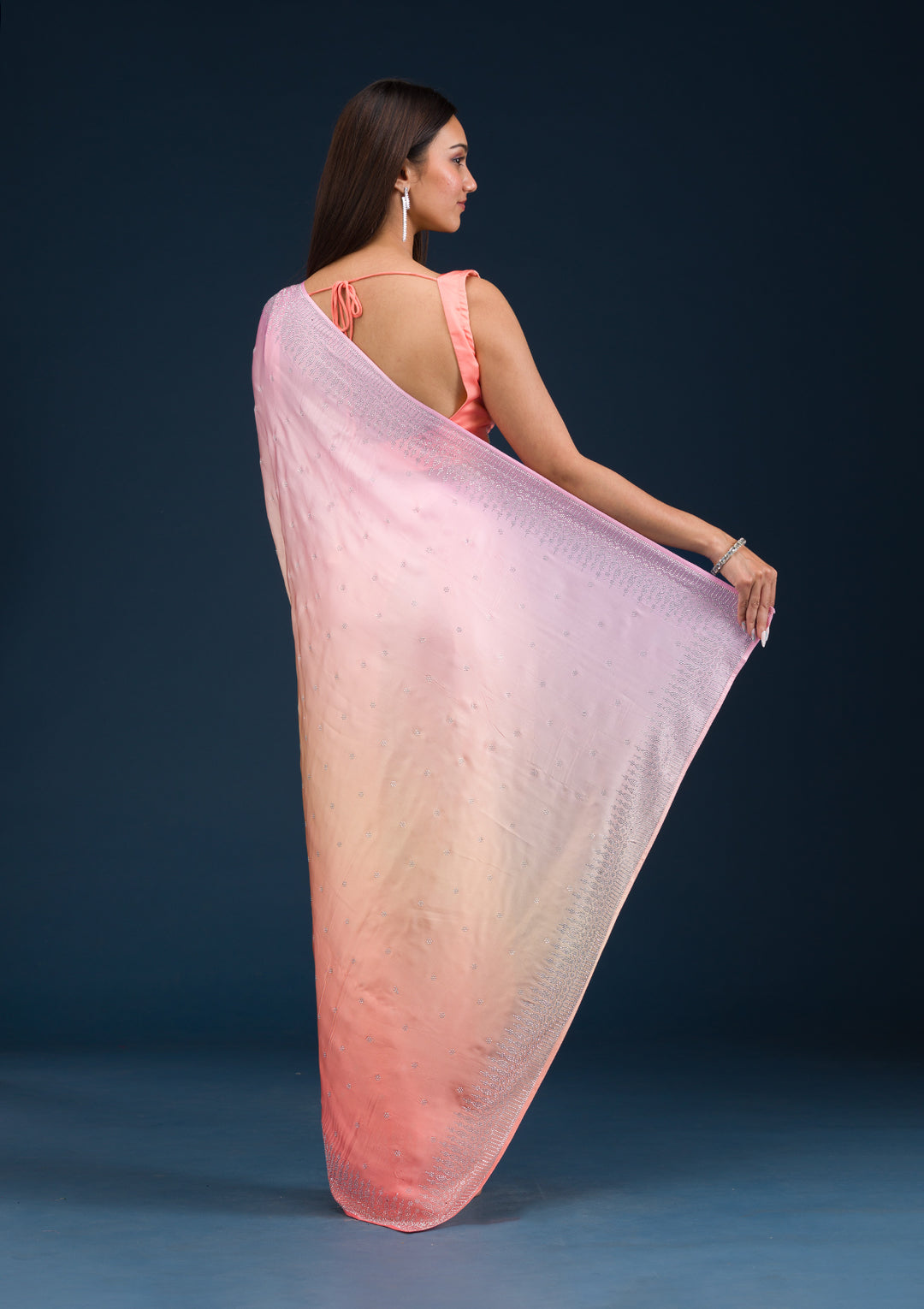 Light Orange Stonework Satin Saree - View 7