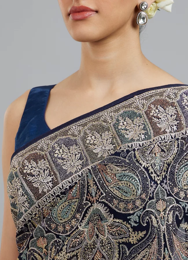 Indigo Blue Georgette Festive Saree - View 2