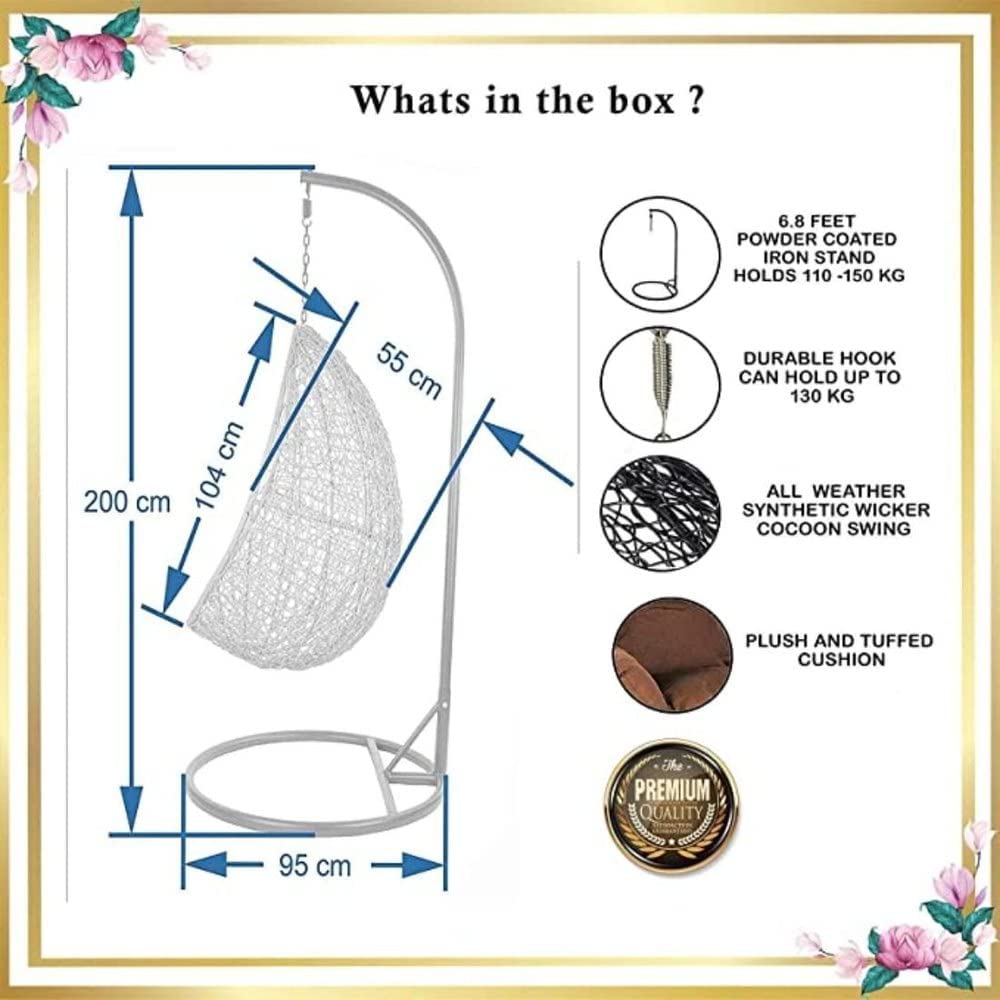 Rattan Knots Craft India Single Seater Swing Chair With Stand & Cushion Outdoor Indoor Balcony Garden Patio,Powder Coated Frame,Uv Protected Wicker,Premium Cushion Af_In_038 - View 5